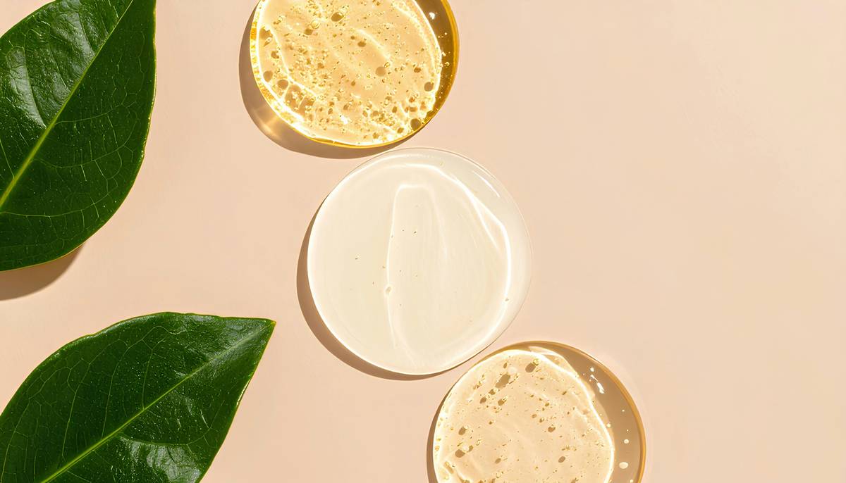 Close-up of hands applying golden jojoba oil to slightly damp forearm skin, with towel visible—moisturizing oil skin care routine step